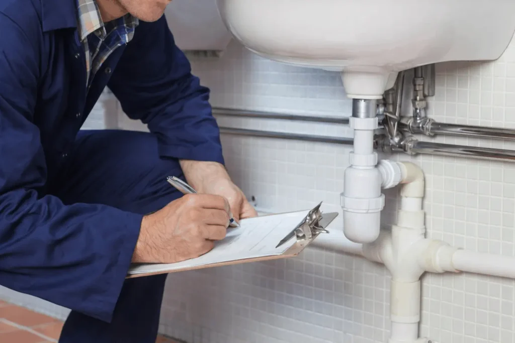 Rhino Plumbing plumber doing plumbing inspection in residneital kitchen